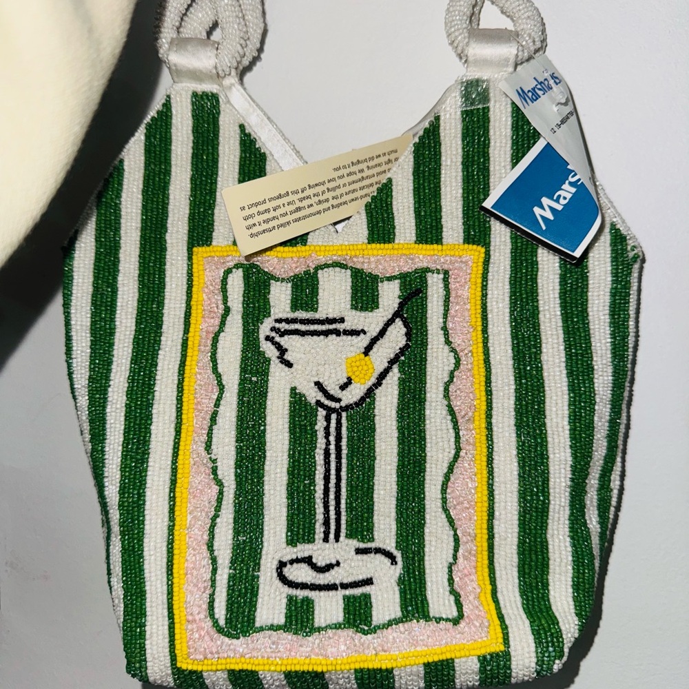 Viral TikTok Bag Mary Frances Green and White Beaded Tote with Martini Design